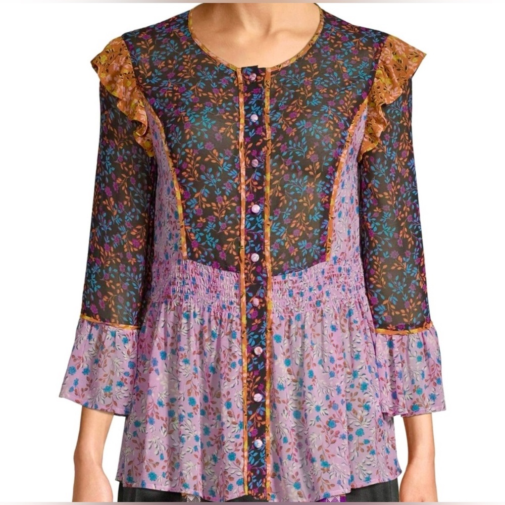 Anna Sui Falling Leaves Top Women’s Size S Button Front Ruffles Smocked Waist